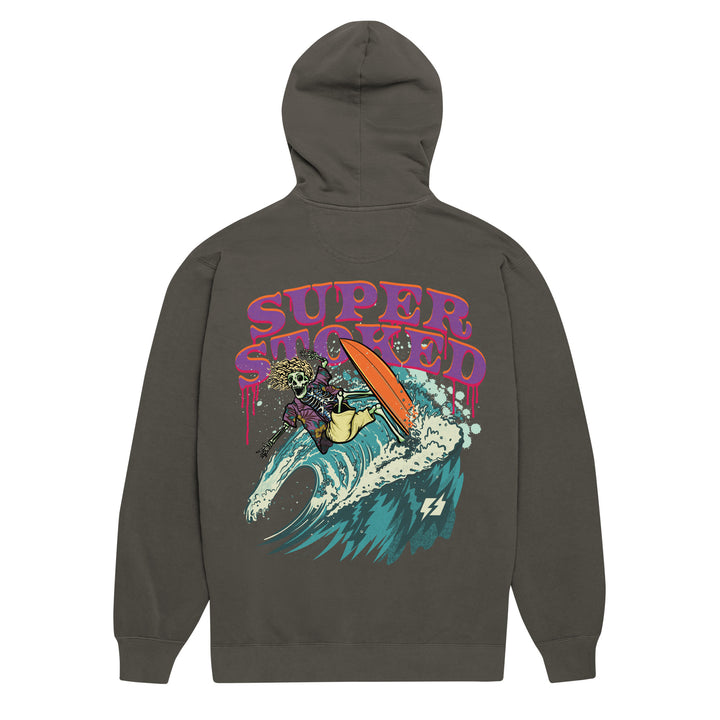 Surf &amp; Destroy Unisex Garment-Dyed Hoodie in Pepper, back view — Super Stoked