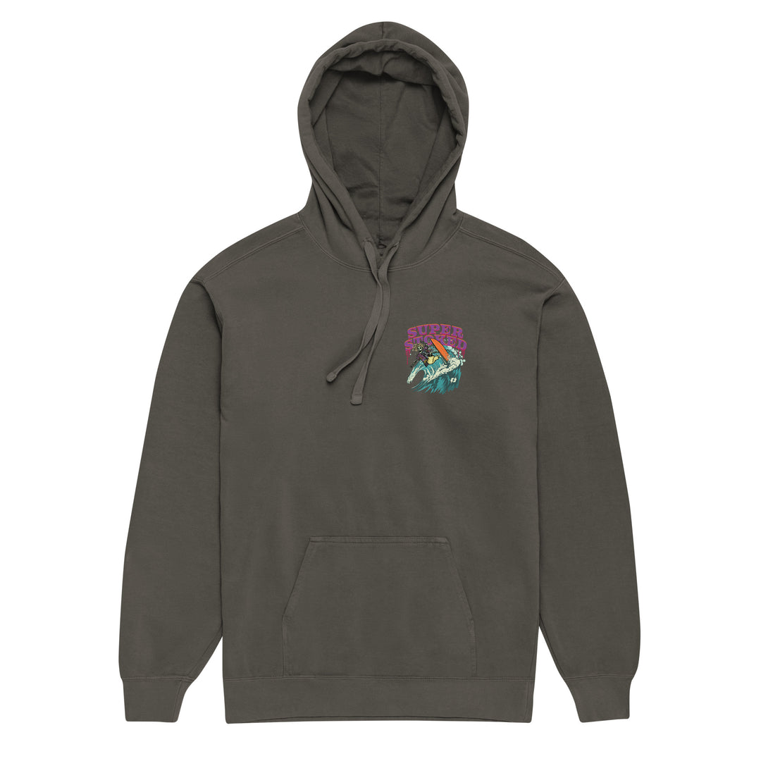Surf &amp; Destroy Unisex Garment-Dyed Hoodie in Pepper, front view — Super Stoked