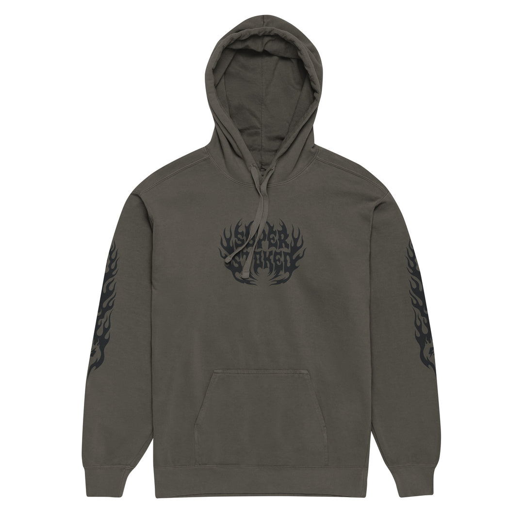 Hellfire Unisex Garment-Dyed Hoodie in Pepper, front view — Super Stoked