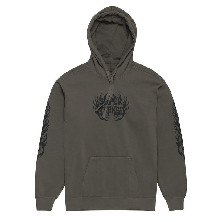 Hellfire Unisex Garment-Dyed Hoodie in Pepper, front view — Super Stoked