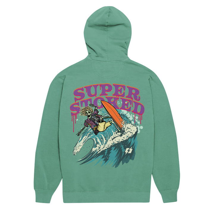 Surf &amp; Destroy Unisex Garment-Dyed Hoodie in Seafoam, back view — Super Stoked