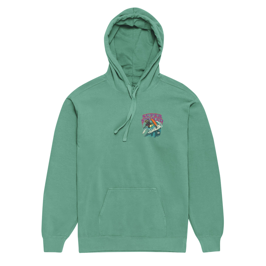 Surf &amp; Destroy Unisex Garment-Dyed Hoodie in Seafoam, front view — Super Stoked