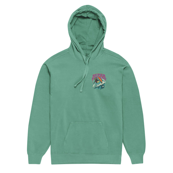 Surf &amp; Destroy Unisex Garment-Dyed Hoodie in Seafoam, front view — Super Stoked
