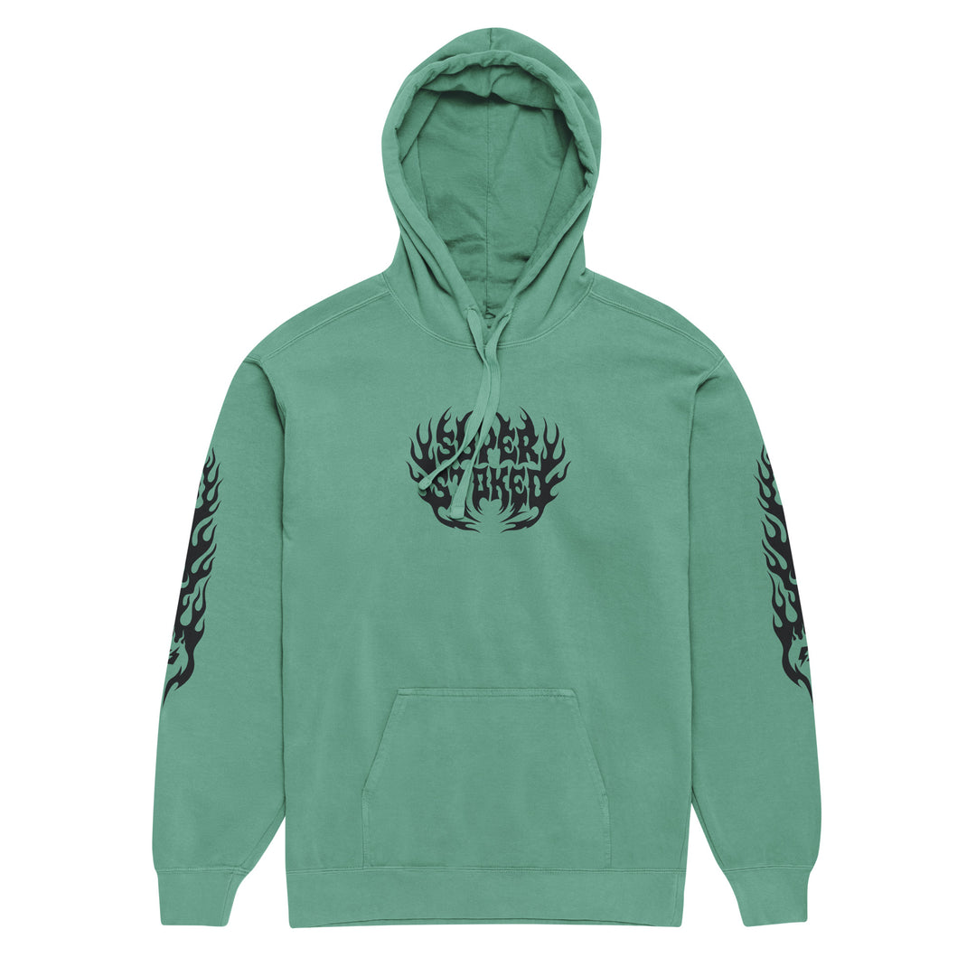 Hellfire Unisex Garment-Dyed Hoodie in Seafoam, front view — Super Stoked