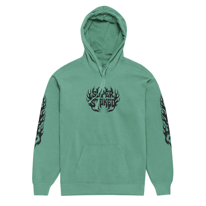 Hellfire Unisex Garment-Dyed Hoodie in Seafoam, front view — Super Stoked