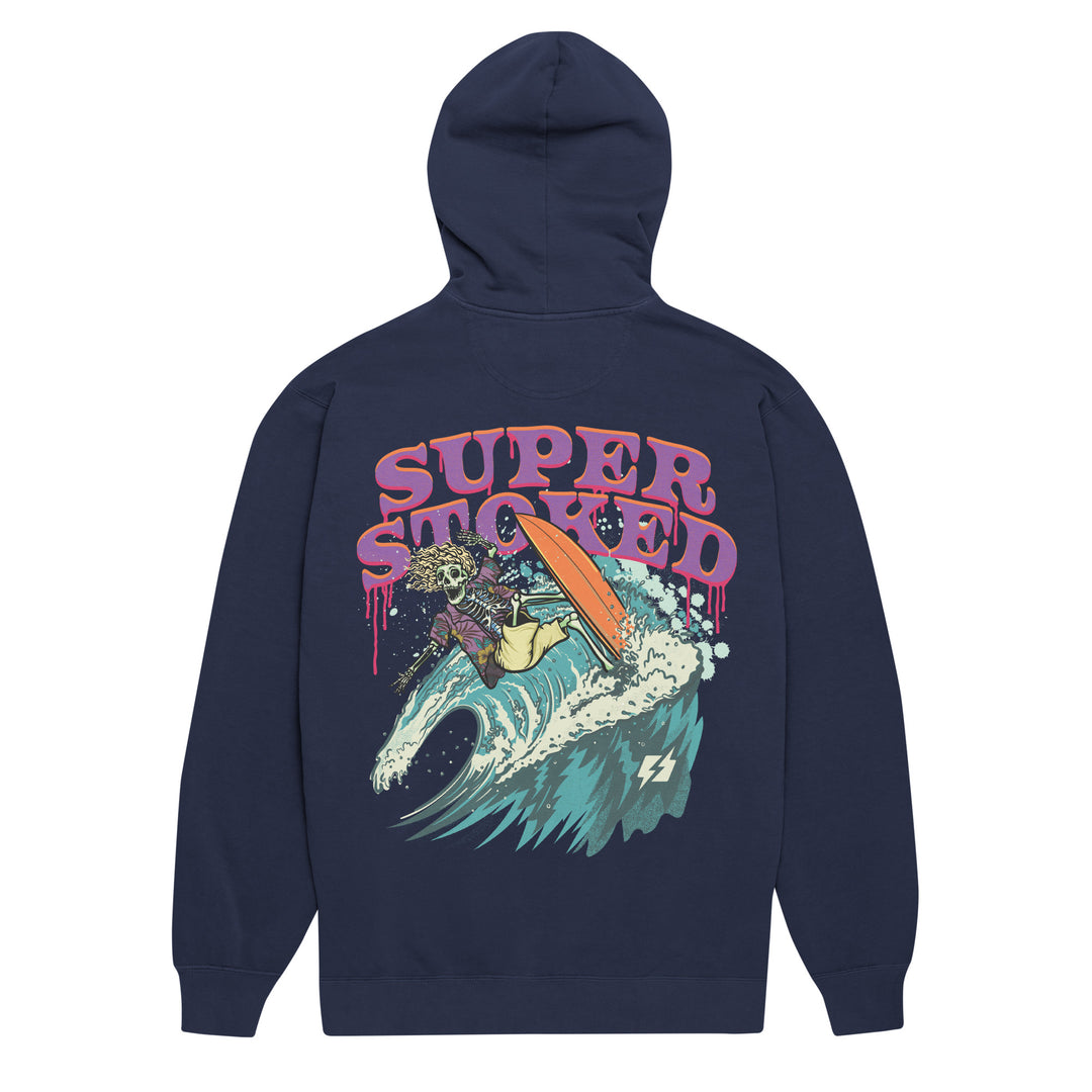 Surf &amp; Destroy Unisex Garment-Dyed Hoodie in True Navy, back view — Super Stoked