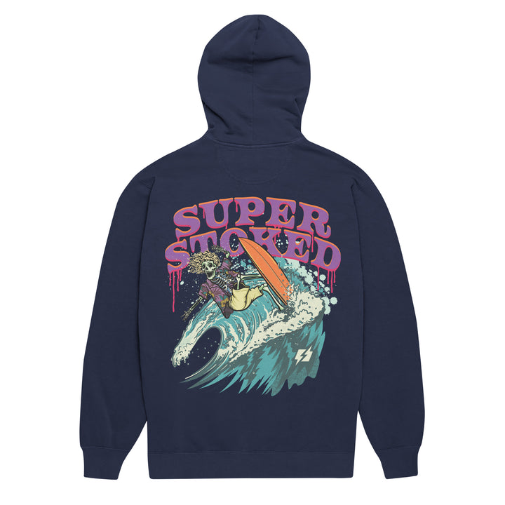 Surf &amp; Destroy Unisex Garment-Dyed Hoodie in True Navy, back view — Super Stoked
