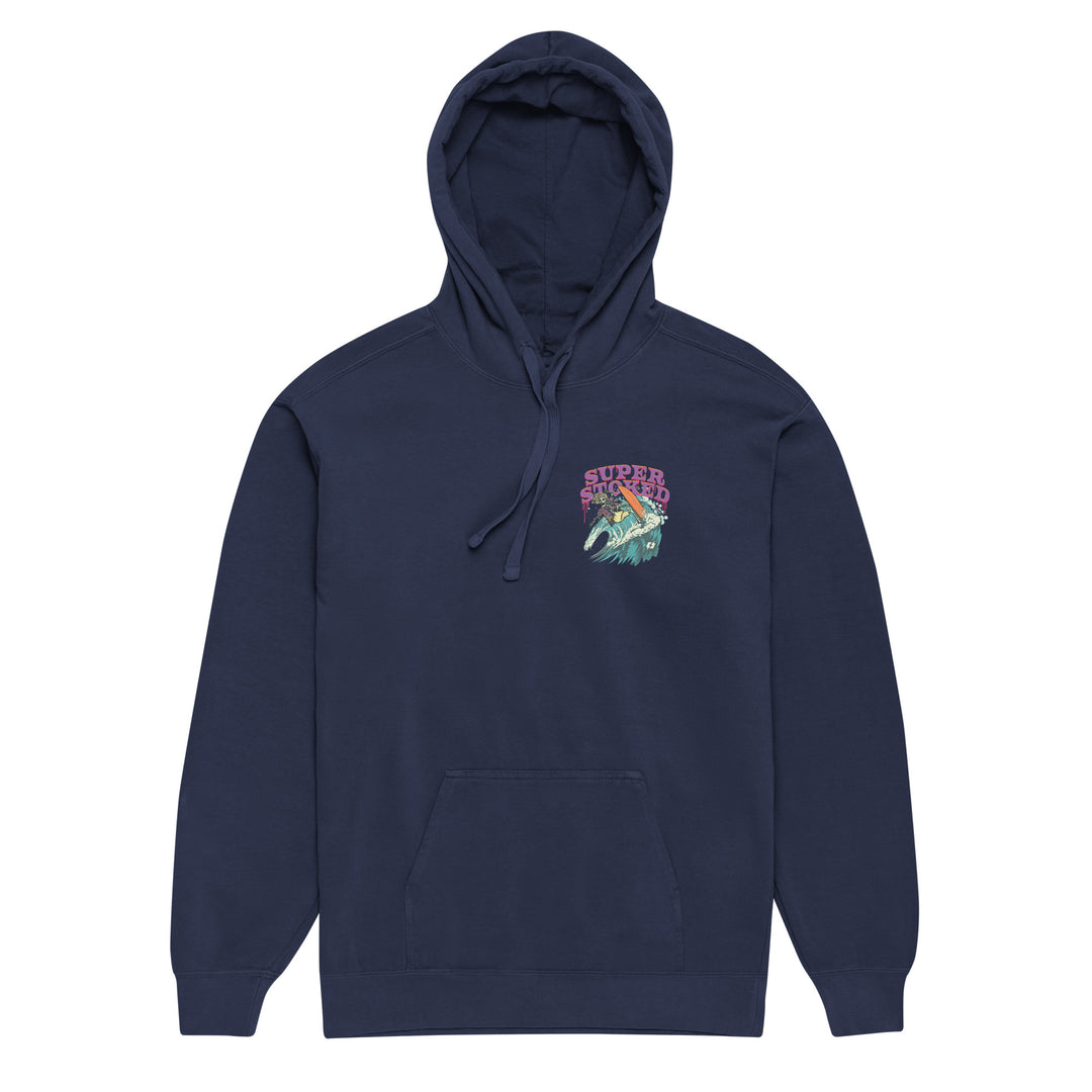Surf &amp; Destroy Unisex Garment-Dyed Hoodie in True Navy, front view — Super Stoked