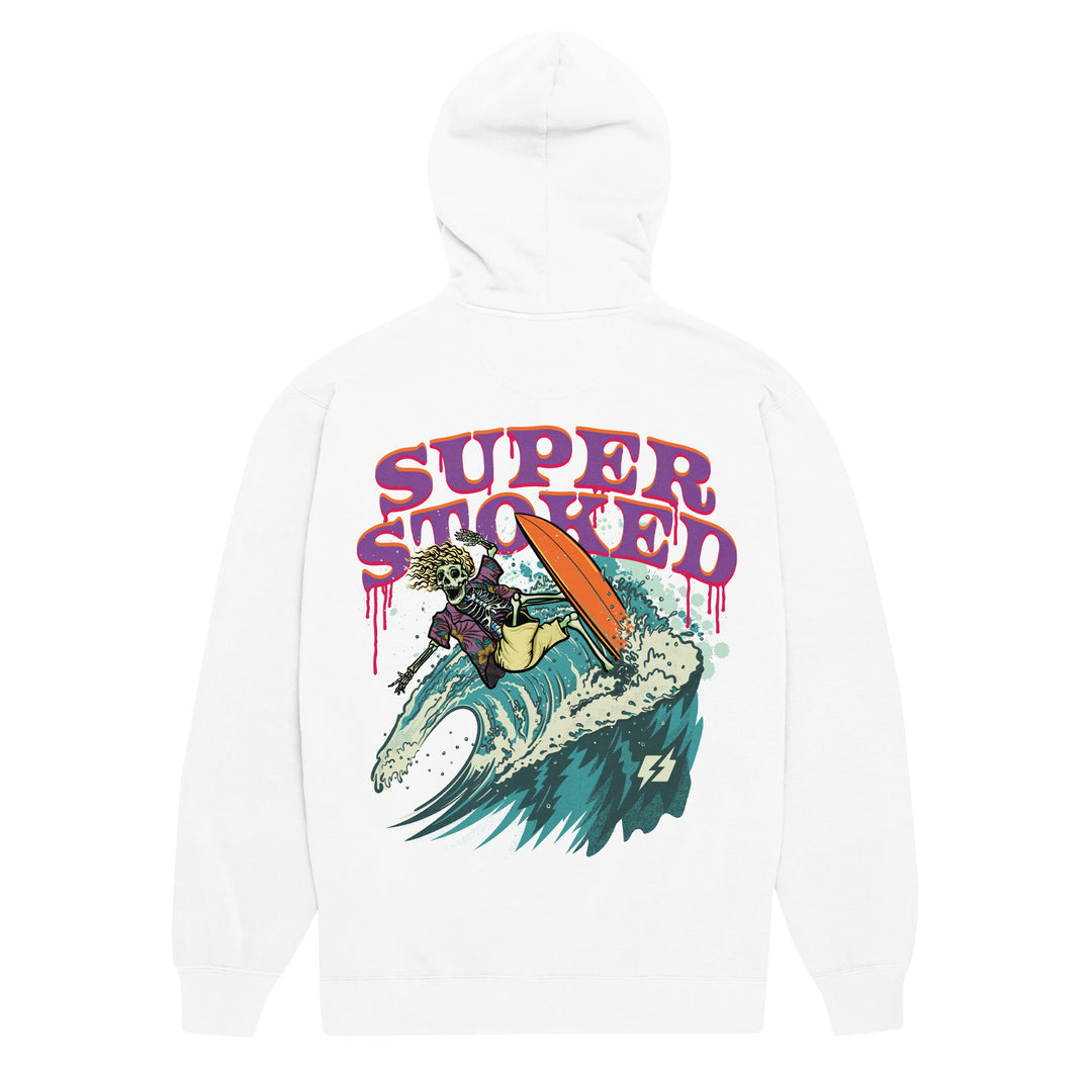 Surf &amp; Destroy Unisex Garment-Dyed Hoodie in White, back view — Super Stoked