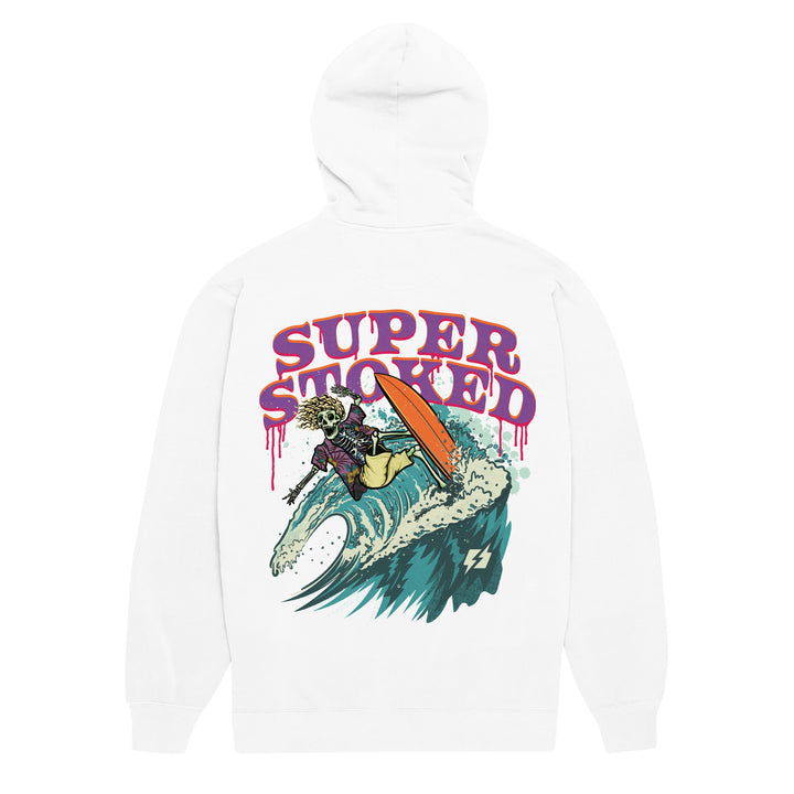 Surf &amp; Destroy Unisex Garment-Dyed Hoodie in White, back view — Super Stoked