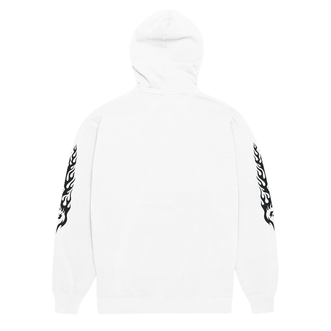 Hellfire Unisex Garment-Dyed Hoodie in White, back view — Super Stoked