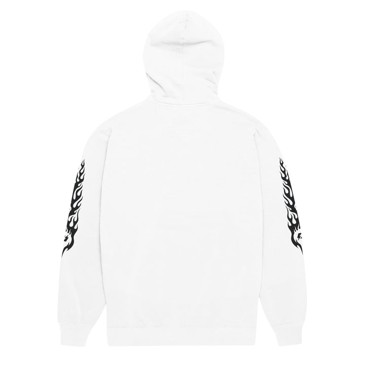 Hellfire Unisex Garment-Dyed Hoodie in White, back view — Super Stoked