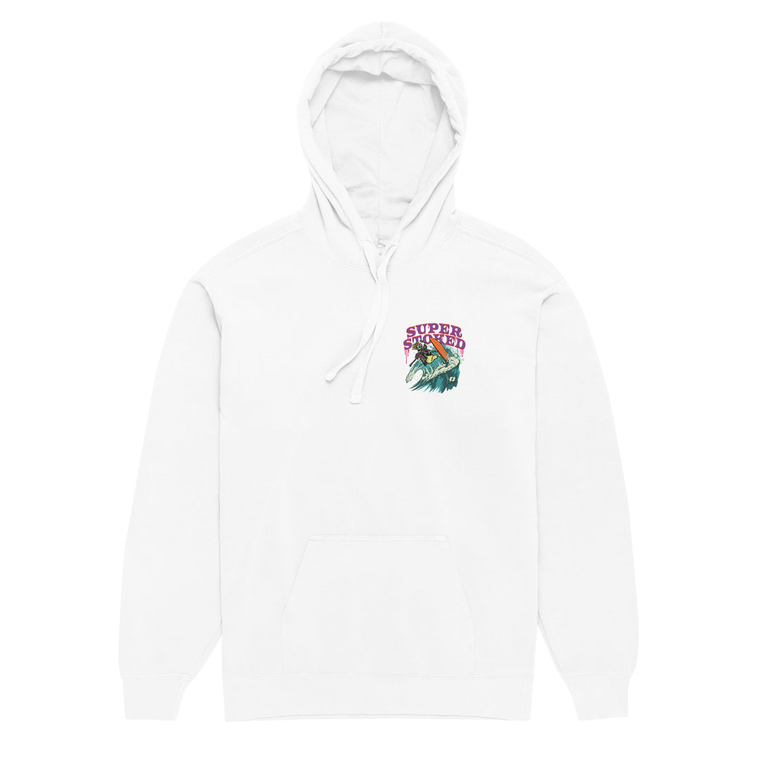 Surf &amp; Destroy Unisex Garment-Dyed Hoodie in White, front view — Super Stoked