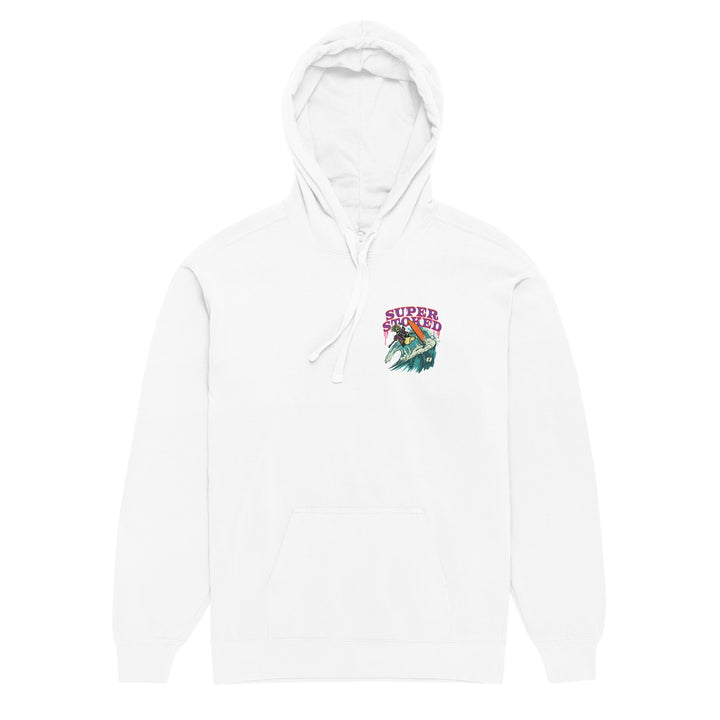 Surf &amp; Destroy Unisex Garment-Dyed Hoodie in White, front view — Super Stoked