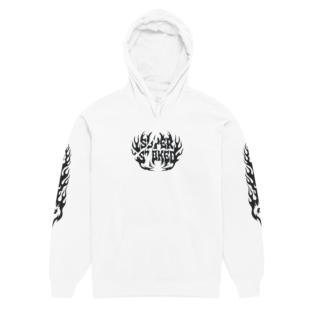 Hellfire Unisex Garment-Dyed Hoodie in White, front view — Super Stoked