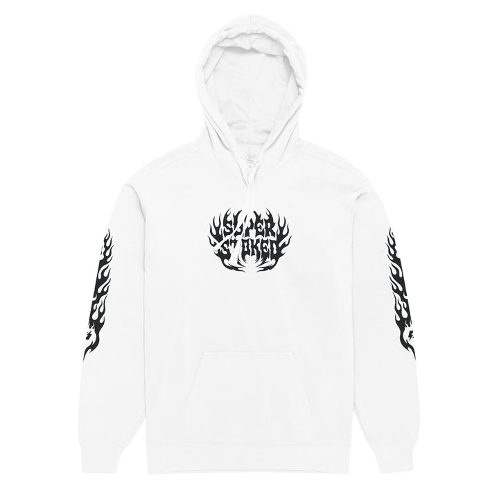 Hellfire Unisex Garment-Dyed Hoodie in White, front view — Super Stoked