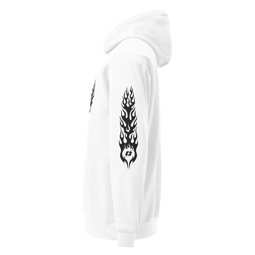 Hellfire Unisex Garment-Dyed Hoodie in White, left side view — Super Stoked