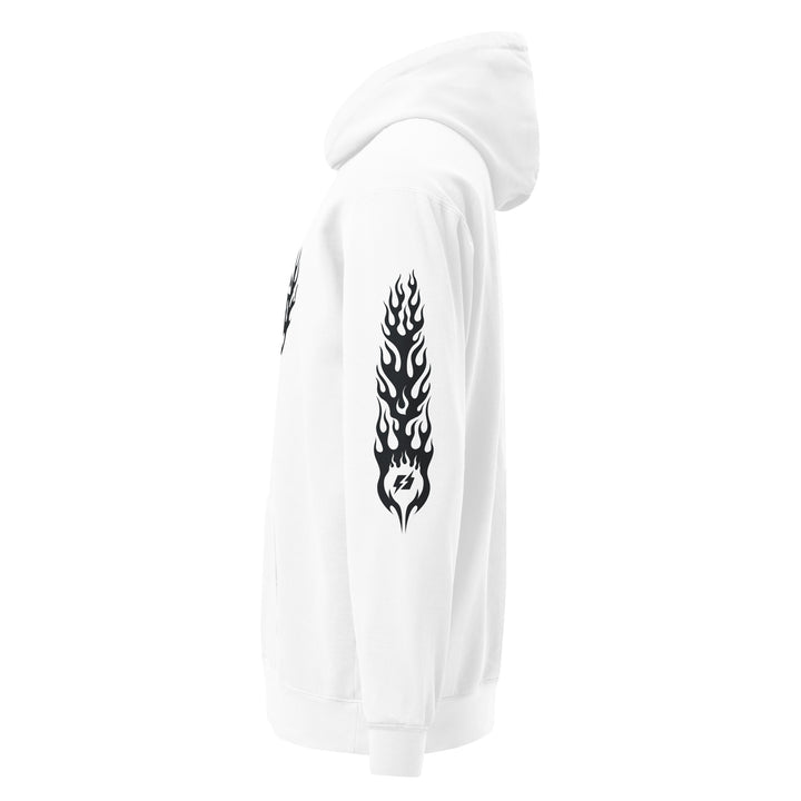 Hellfire Unisex Garment-Dyed Hoodie in White, left side view — Super Stoked