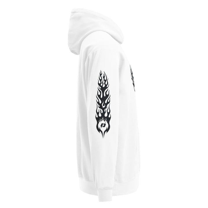 Hellfire Unisex Garment-Dyed Hoodie in White, right side view — Super Stoked