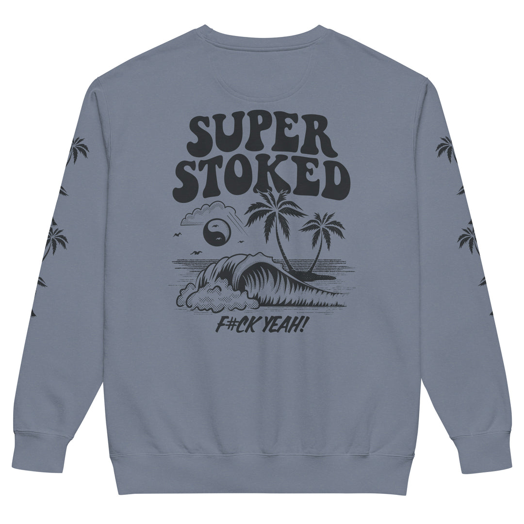 Island Peak Unisex Garment-Dyed Sweatshirt in Blue Jean, back view — Super Stoked