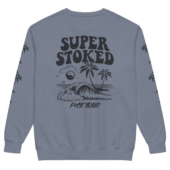 Island Peak Unisex Garment-Dyed Sweatshirt in Blue Jean, back view — Super Stoked