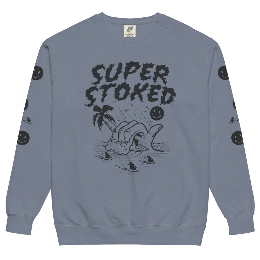 Sharker Barrel Unisex Garment-Dyed Sweatshirt in Blue Jean, front view — Super Stoked