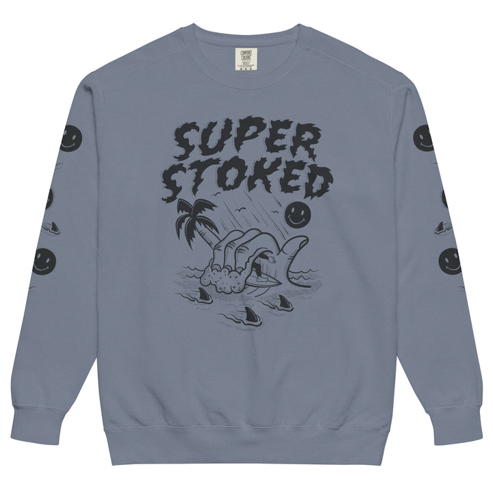 Sharker Barrel Unisex Garment-Dyed Sweatshirt in Blue Jean, front view — Super Stoked