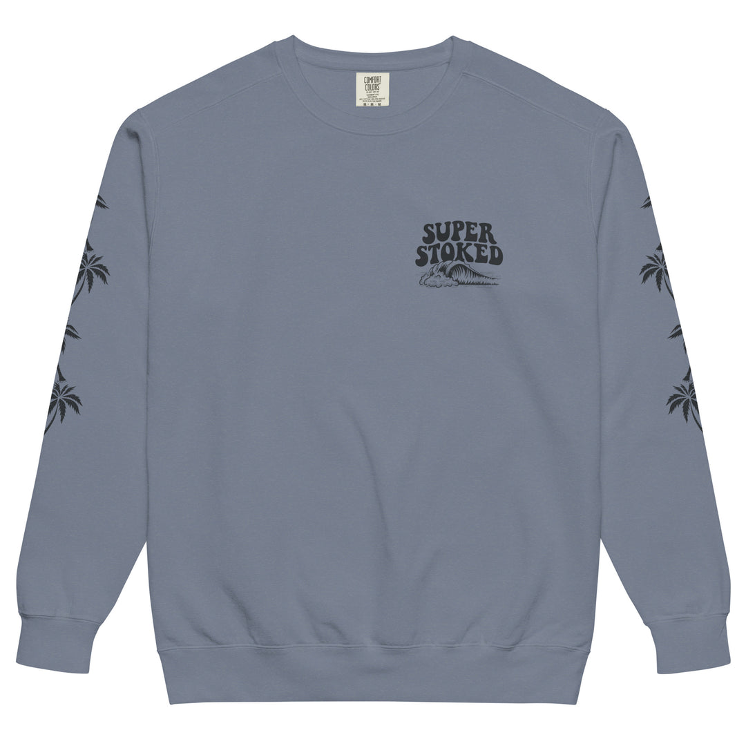 Island Peak Unisex Garment-Dyed Sweatshirt in Blue Jean, front view — Super Stoked