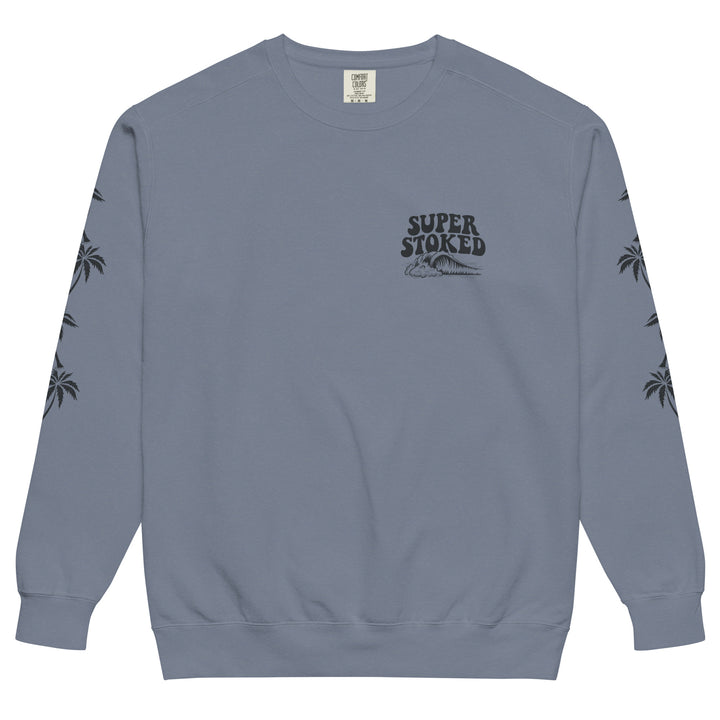 Island Peak Unisex Garment-Dyed Sweatshirt in Blue Jean, front view — Super Stoked