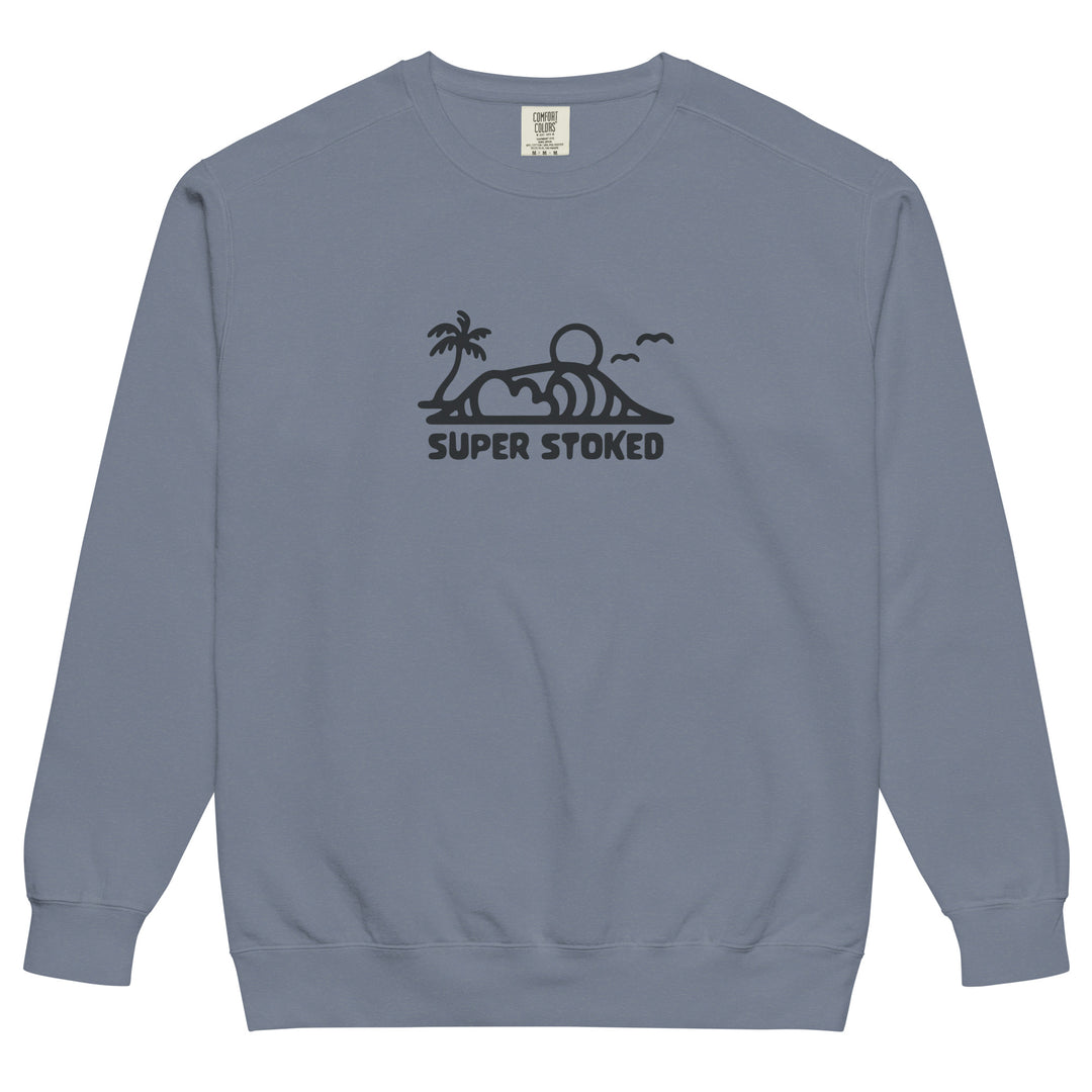 Dream Lines Unisex Garment-Dyed Sweatshirt in Blue Jean, front view — Super Stoked