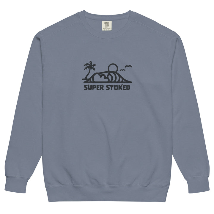 Dream Lines Unisex Garment-Dyed Sweatshirt in Blue Jean, front view — Super Stoked