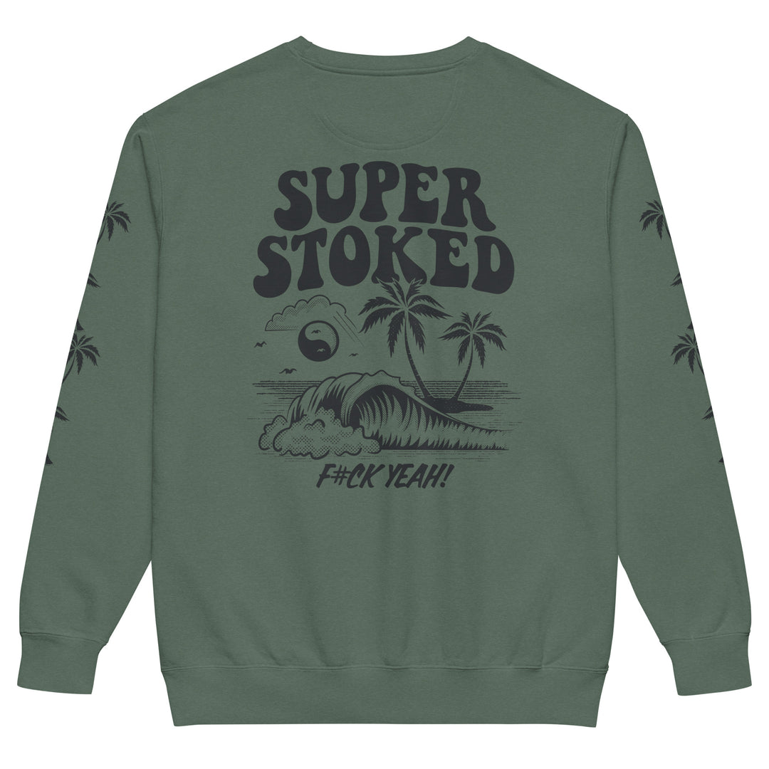 Island Peak Unisex Garment-Dyed Sweatshirt in Blue Spruce, back view — Super Stoked