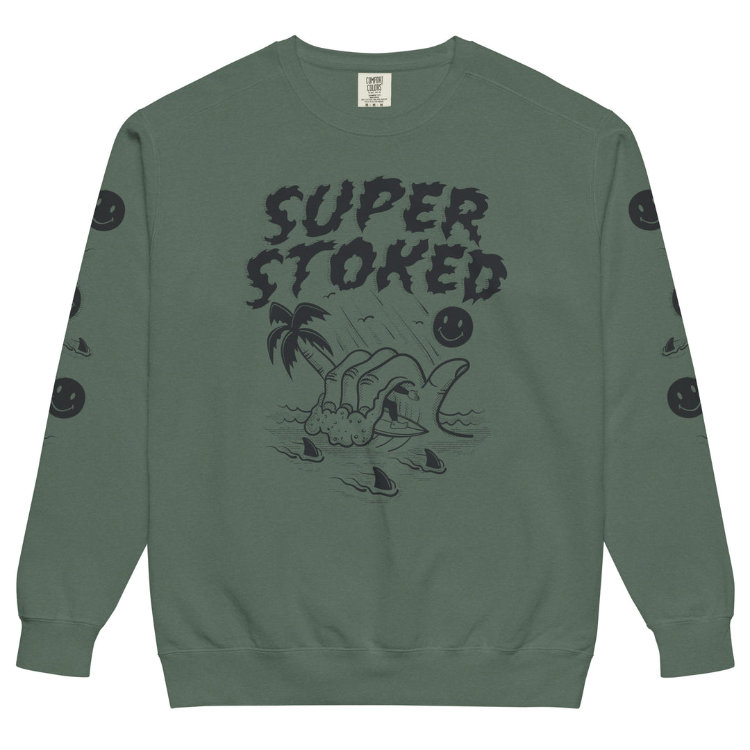 Sharker Barrel Unisex Garment-Dyed Sweatshirt in Blue Spruce, front view — Super Stoked