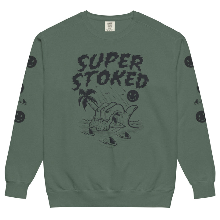 Sharker Barrel Unisex Garment-Dyed Sweatshirt in Blue Spruce, front view — Super Stoked