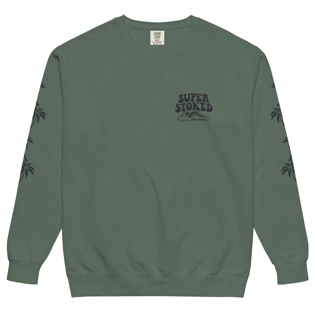 Island Peak Unisex Garment-Dyed Sweatshirt in Blue Spruce, front view — Super Stoked