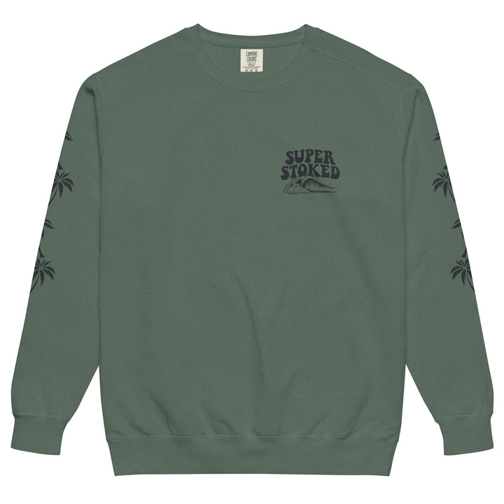 Island Peak Unisex Garment-Dyed Sweatshirt in Blue Spruce, front view — Super Stoked