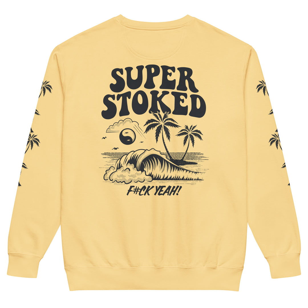 Island Peak Unisex Garment-Dyed Sweatshirt in Butter, back view — Super Stoked