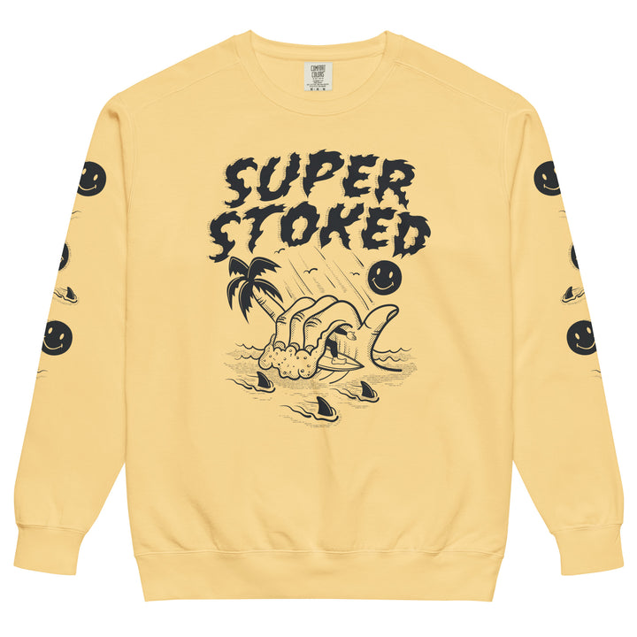 Sharker Barrel Unisex Garment-Dyed Sweatshirt in Butter, front view — Super Stoked