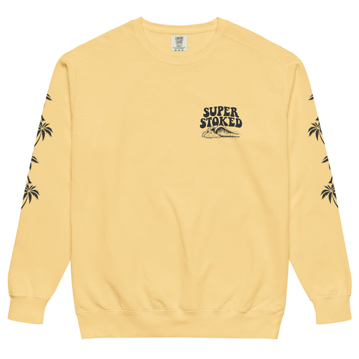 Island Peak Unisex Garment-Dyed Sweatshirt in Butter, front view — Super Stoked