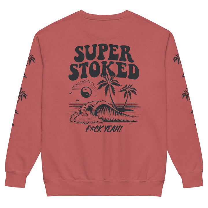 Island Peak Unisex Garment-Dyed Sweatshirt in Crimson, back view — Super Stoked