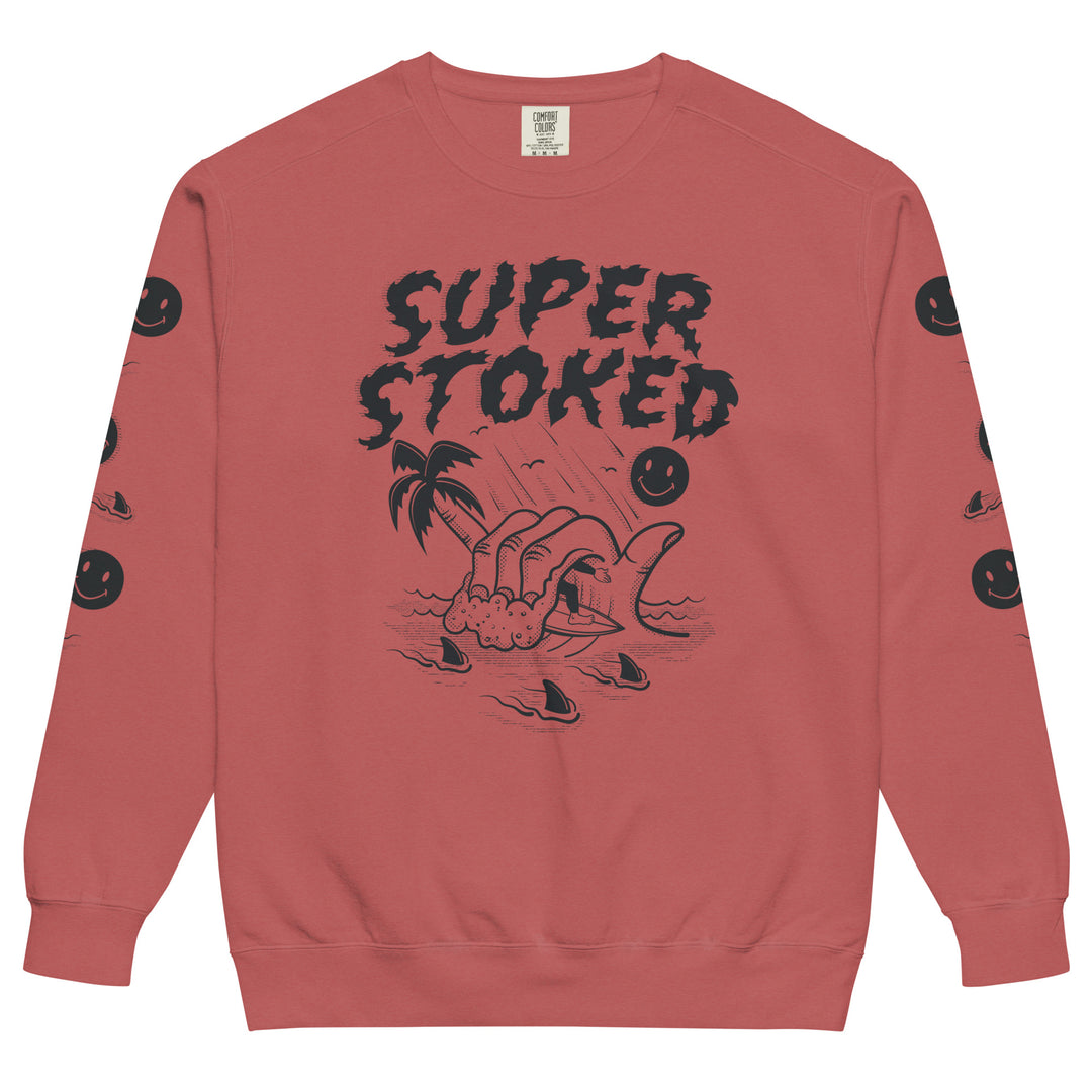Sharker Barrel Unisex Garment-Dyed Sweatshirt in Crimson, front view — Super Stoked
