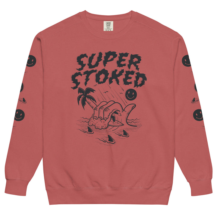 Sharker Barrel Unisex Garment-Dyed Sweatshirt in Crimson, front view — Super Stoked
