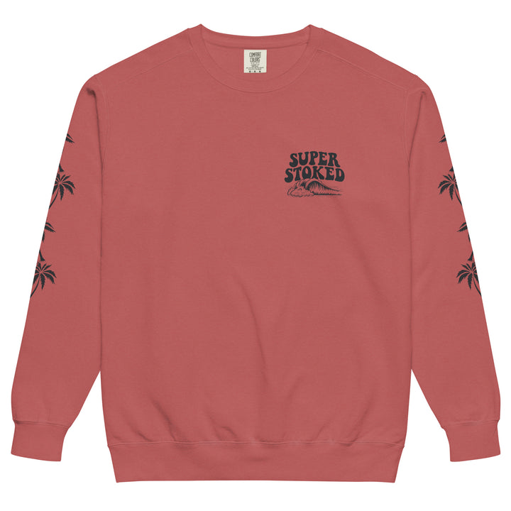 Island Peak Unisex Garment-Dyed Sweatshirt in Crimson, front view — Super Stoked