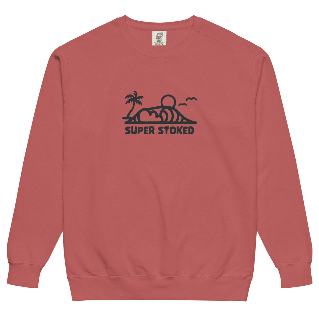 Dream Lines Unisex Garment-Dyed Sweatshirt in Crimson, front view — Super Stoked