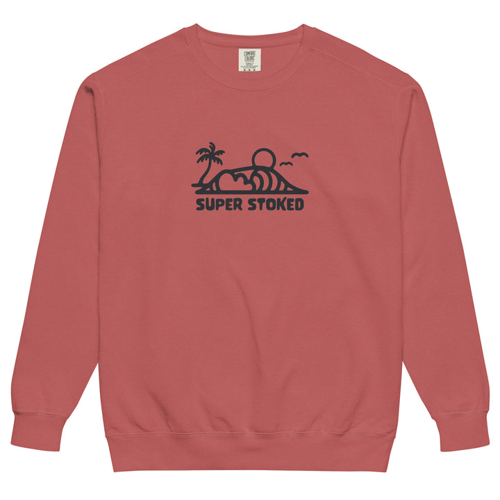 Dream Lines Unisex Garment-Dyed Sweatshirt in Crimson, front view — Super Stoked