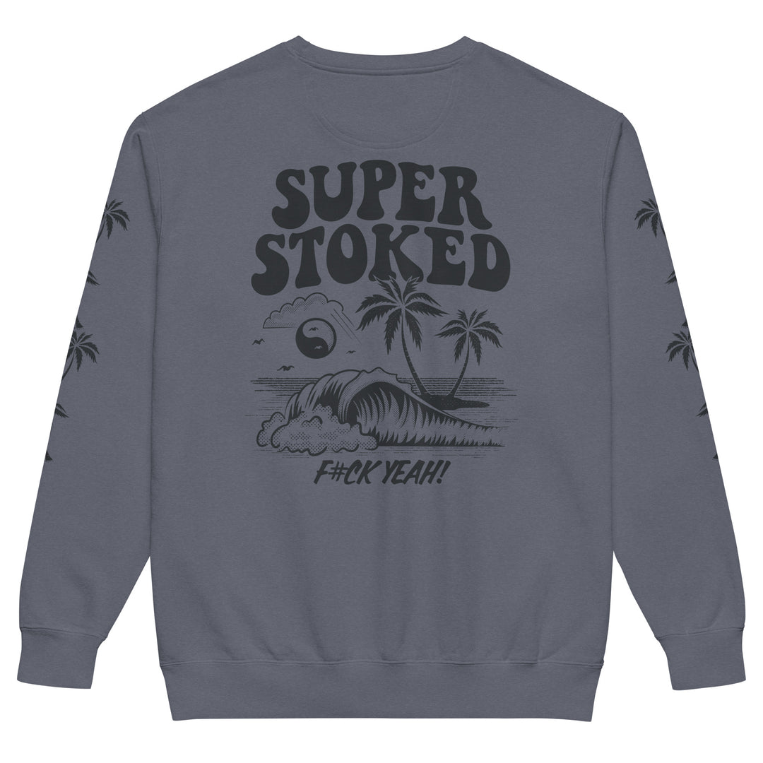Island Peak Unisex Garment-Dyed Sweatshirt in Denim, back view — Super Stoked