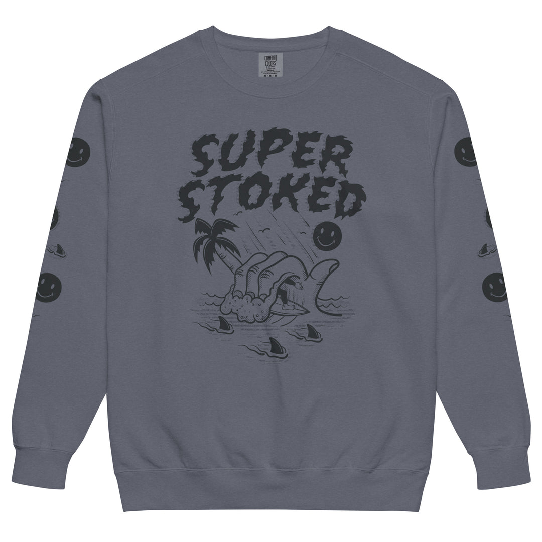 Sharker Barrel Unisex Garment-Dyed Sweatshirt in Denim, front view — Super Stoked