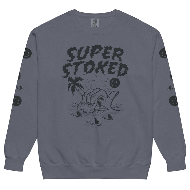 Sharker Barrel Unisex Garment-Dyed Sweatshirt in Denim, front view — Super Stoked
