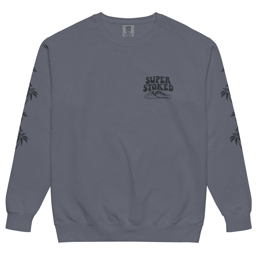 Island Peak Unisex Garment-Dyed Sweatshirt in Denim, front view — Super Stoked