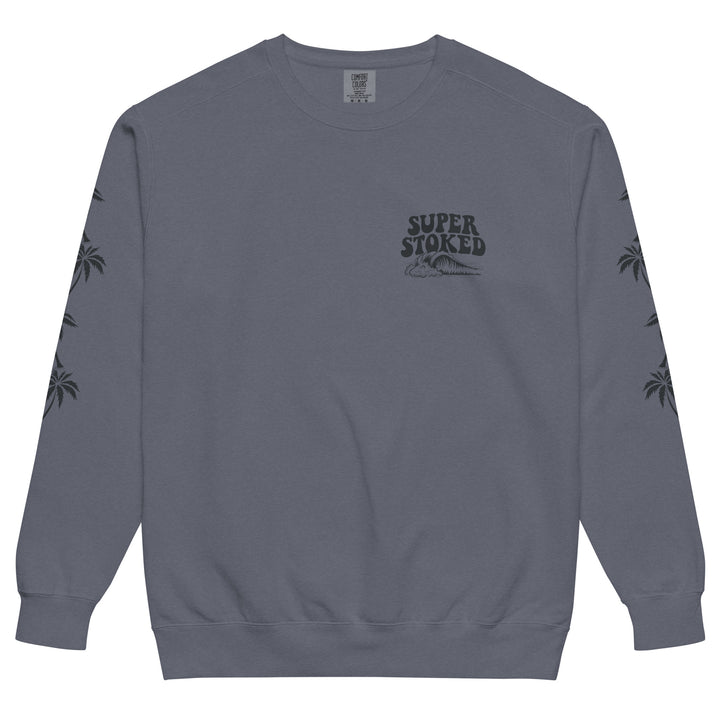 Island Peak Unisex Garment-Dyed Sweatshirt in Denim, front view — Super Stoked